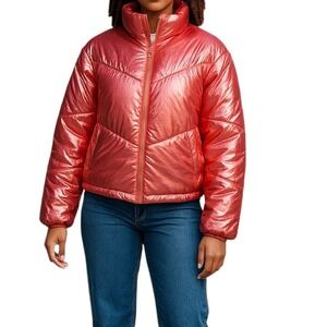 ANWND Puffer Jacket Metallic Shiny Quilted Full‎ Zip Lightweight Pink Medium